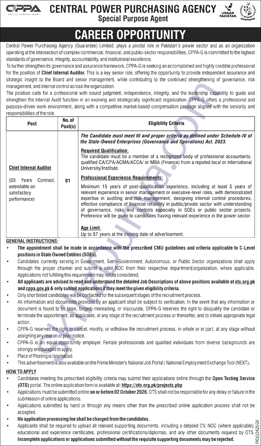 Central Power Purchasing Agency Islamabad Jobs 2026 — Chief Internal Auditor — Official Newspaper Advertisement | SkillzDunya