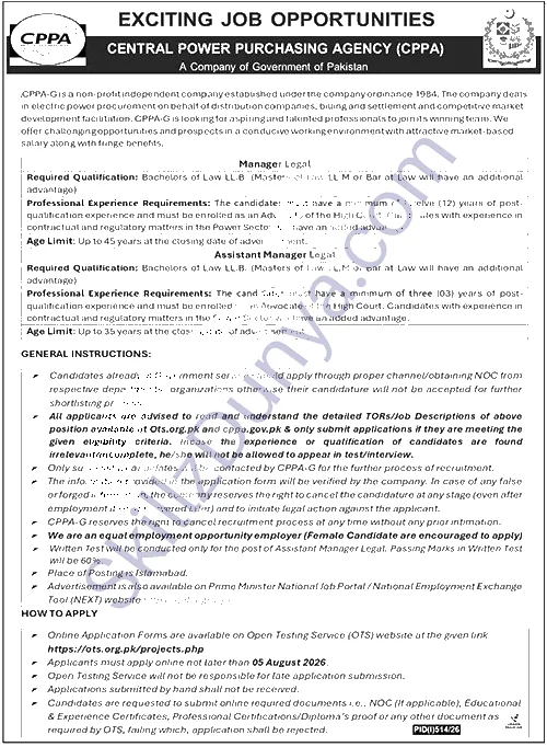 Central Power Purchasing Agency — Central Power Purchasing Agency Islamabad Jobs 2026 — Manager Legal, Assistant Manager Legal Pakistan