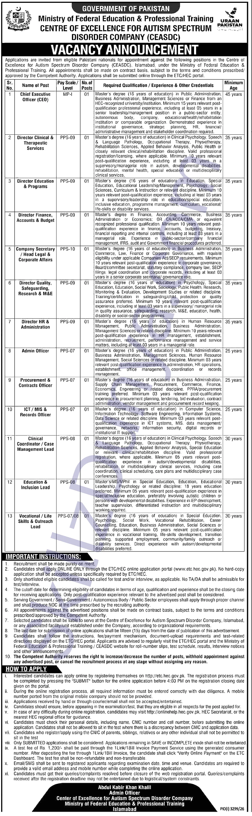 Centre Of Excellence For Autism Spectrum Disorder Company Ceasdc — Centre of Excellence for Autism Spectrum Disorder Company (CEASDC) Islamabad Jobs 2026 — Chief Executive Officer (CEO), Director Clinical & Therapeutic Services & 8 More Posts Pakistan