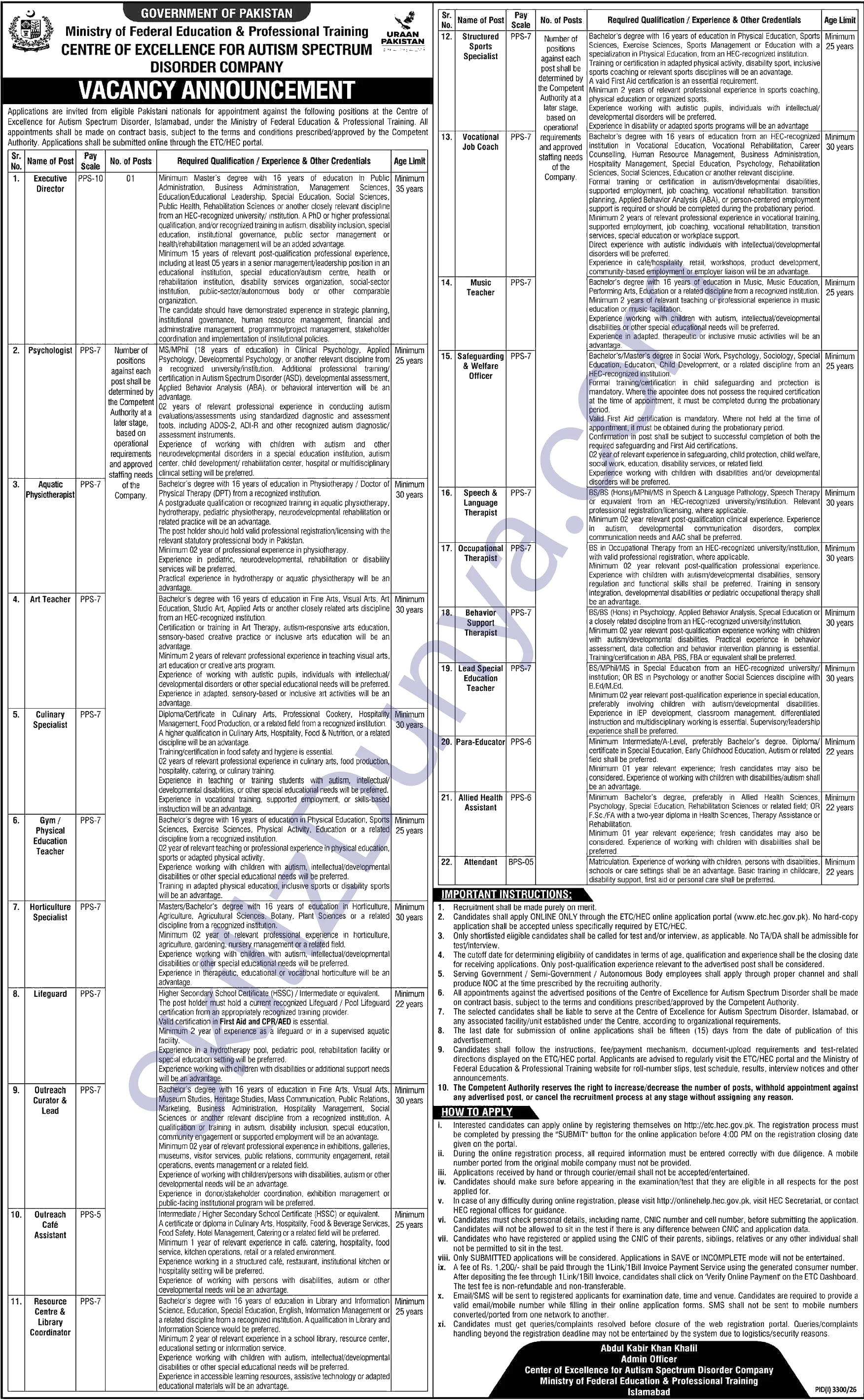 Centre Of Excellence For Autism Spectrum Disorder Company Ceasdc — Centre of Excellence for Autism Spectrum Disorder Company (CEASDC) Islamabad Jobs 2026 — Executive Director, Psychologist & 20 More Posts Pakistan