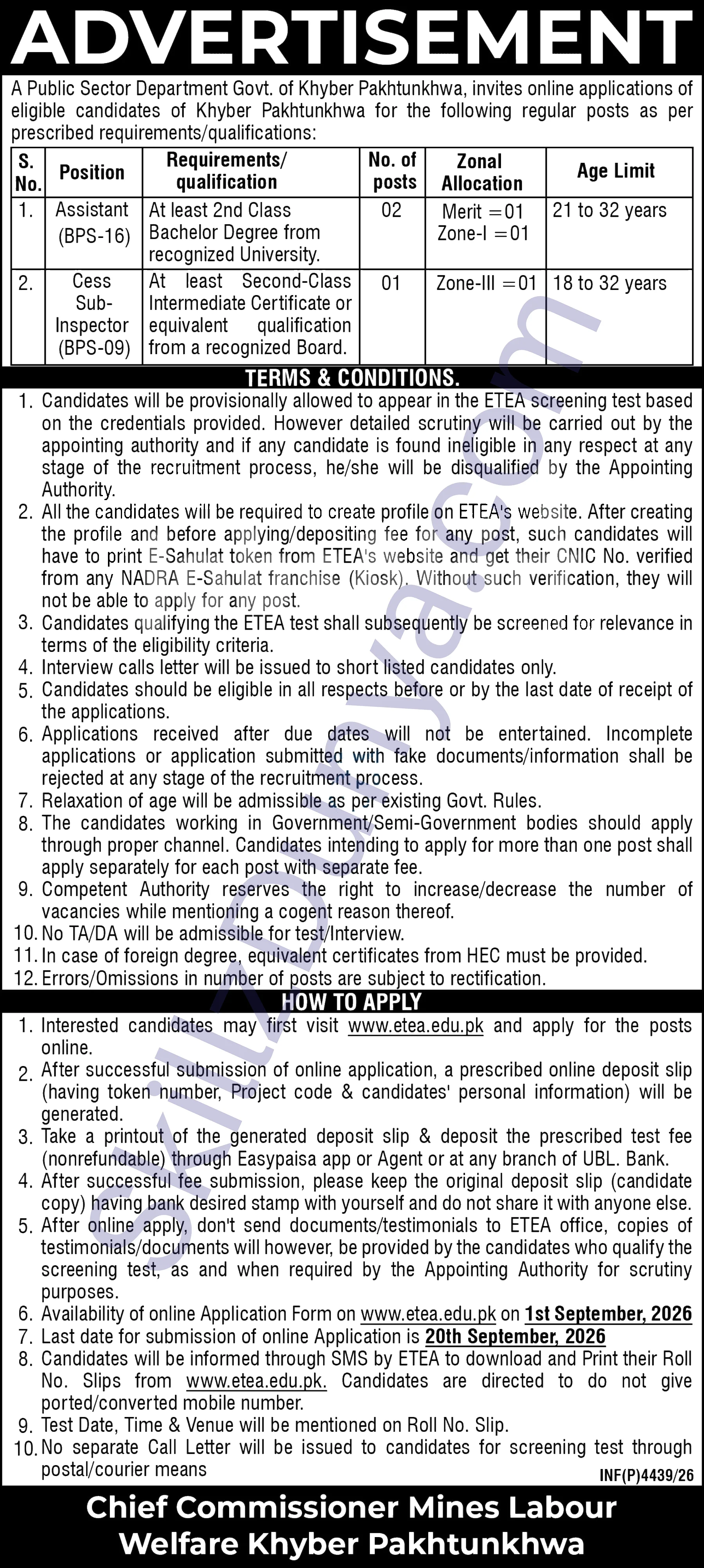Chief Commissioner Mines Labour Welfare Kpk — Chief Commissioner Mines Labour Welfare Peshawar Jobs 2026 — Assistant, Cess Sub-Inspector Pakistan