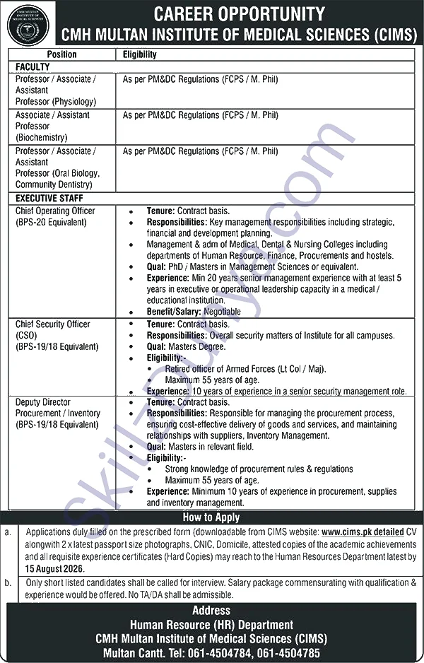 Combined Military Hospital (CMH) Multan Cantt. Jobs 2026 — Chief Operating Officer, Chief Security Officer (CSO), Deputy Director Procurement / Inventory — Official Newspaper Advertisement | SkillzDunya