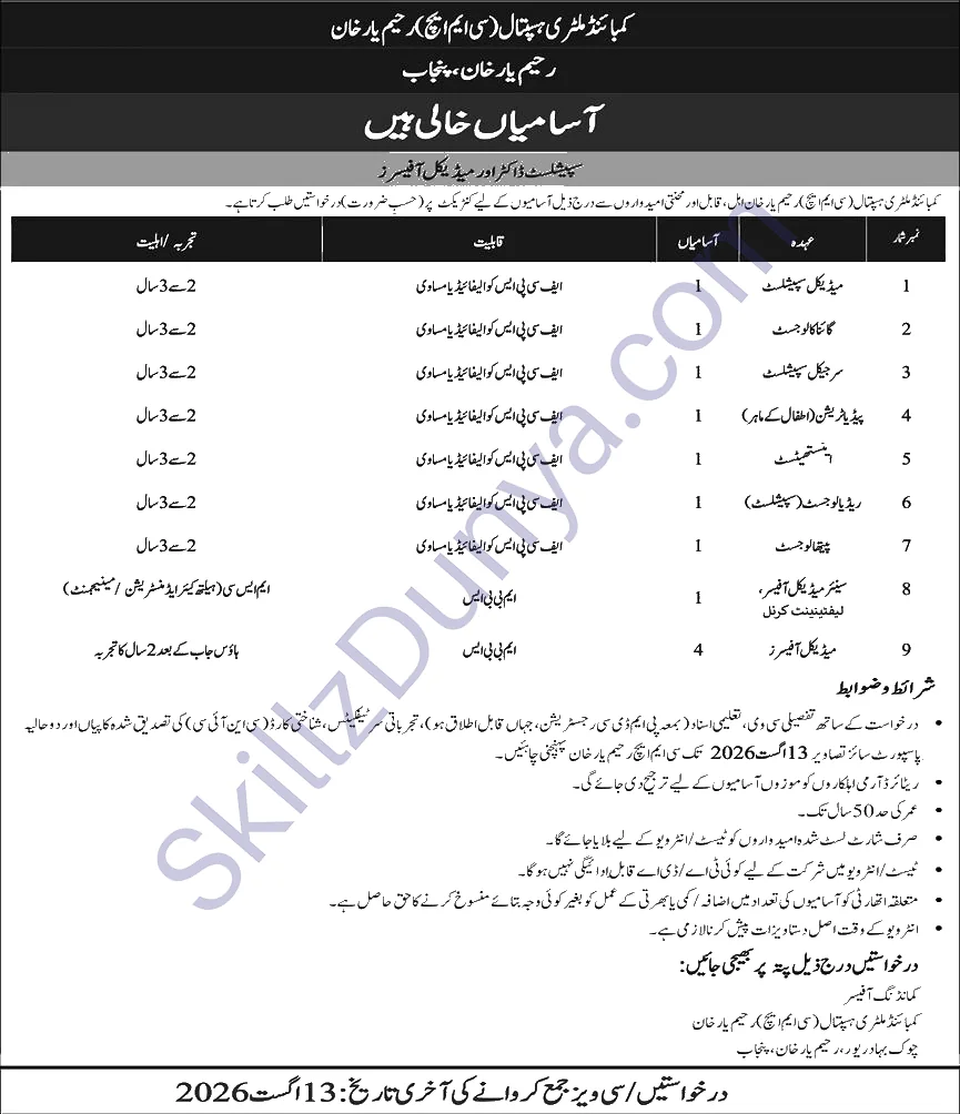 Combined Military Hospital (CMH) Jobs 2026 — Specialist Doctors — Official Newspaper Advertisement | SkillzDunya