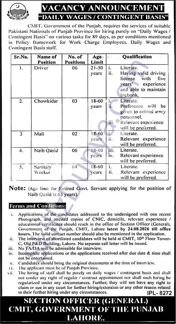 Cmit Punjab — CMIT Lahore Jobs 2026 — Driver, Naib Qasid & 3 More Posts Pakistan