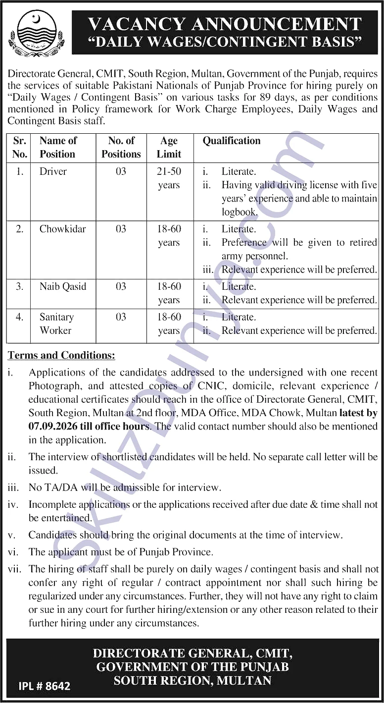 Cmit South Region Multan — CMIT South Region Jobs 2026 — Drivers, Chowkidar, Naib Qasid Pakistan