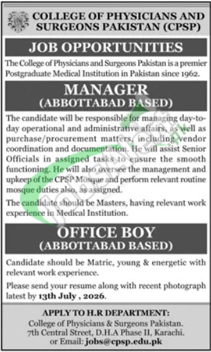 College of Physicians and Surgeons Abbottabad Jobs 2026 — Manager (Abbottabad Based), Office Boy (Abbottabad Based) — Official Newspaper Advertisement | SkillzDunya