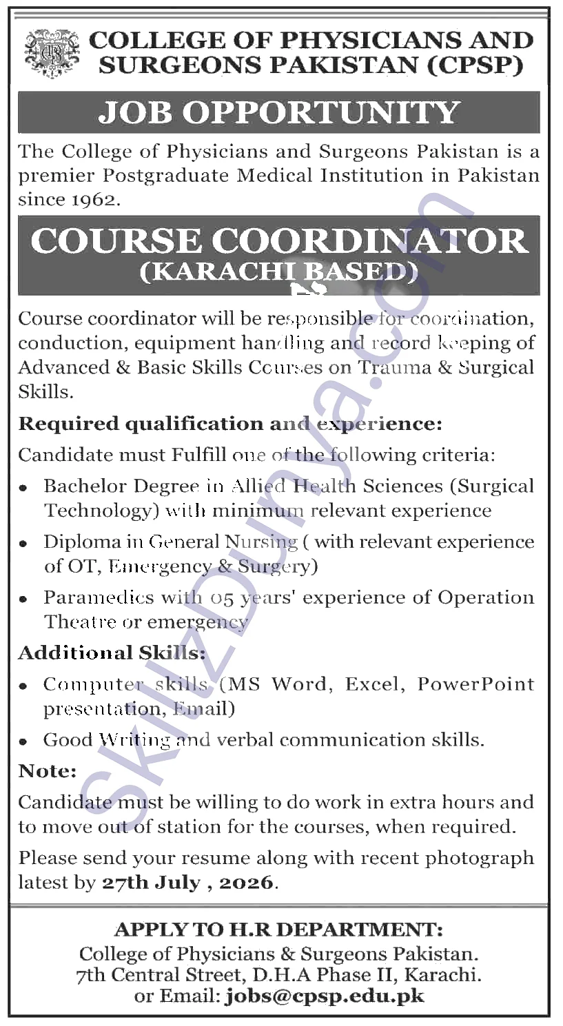 College Of Physicians And Surgeons Pakistan — College of Physicians and Surgeons Karachi Jobs 2026 — Course Coordinator Pakistan