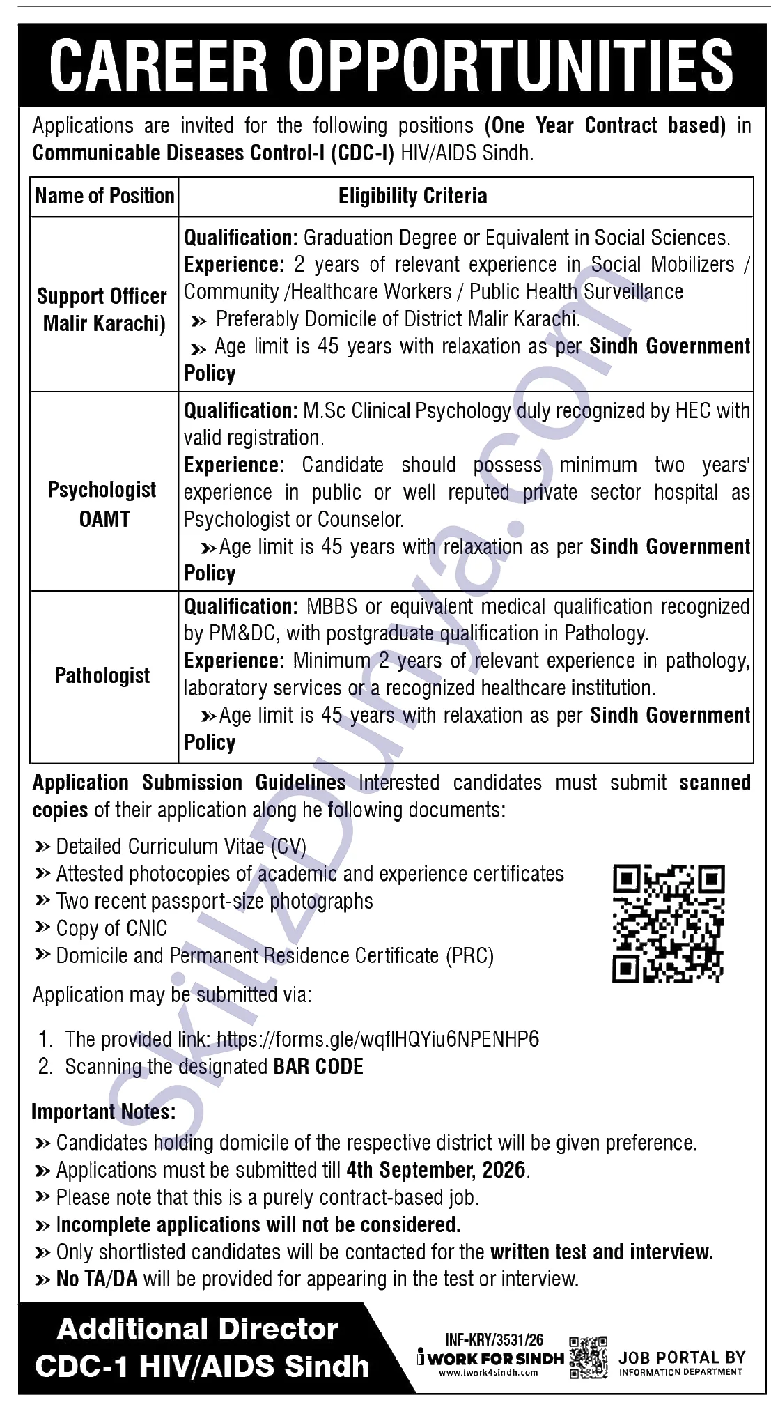 Communicable Disease Control Cdc I Hiv Aids Control Sindh — Communicable Disease Control (CDC-I) HIV AIDS Control Karachi Jobs 2026 — Support Officer Malir Karachi, Psychologist OAMT, Pathologist Pakistan