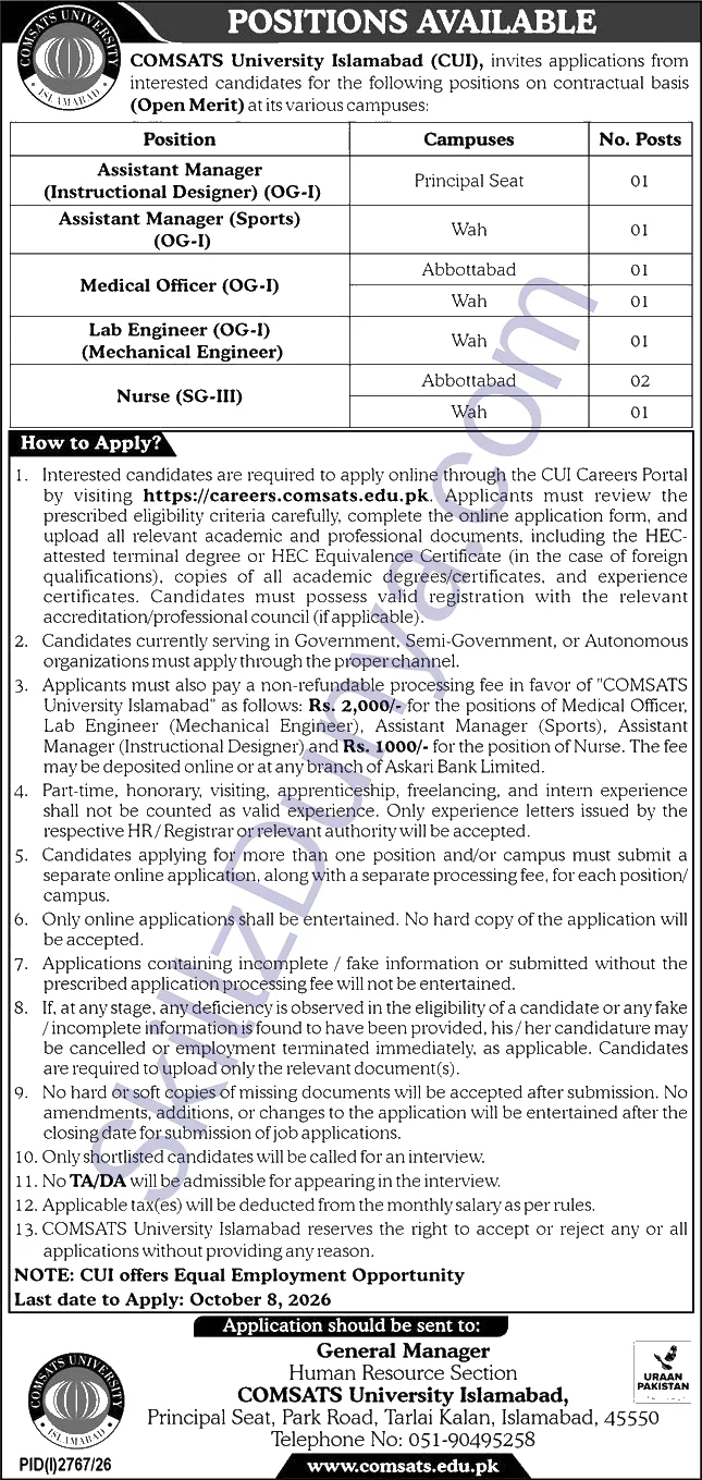 COMSATS University Islamabad Jobs 2026 — Nurse, Medical Officer & 2 More Posts — Official Newspaper Advertisement | SkillzDunya