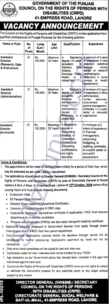 Council On The Rights Of Persons With Disabilities Crpd Punjab — Council on the Rights of Persons with Disabilities CRPD Lahore Jobs 2026 — Assistant Director (Administration), Assistant Director (Accounts) Pakistan