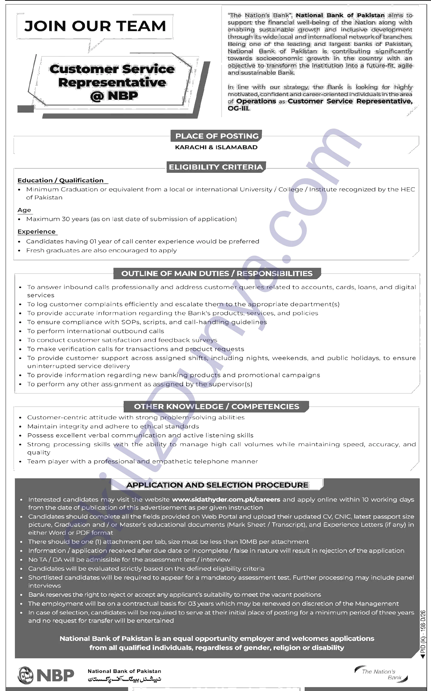 National Bank of Pakistan (NBP) Jobs 2026 — Customer Service Representative (OG-III) — Official Newspaper Advertisement | SkillzDunya