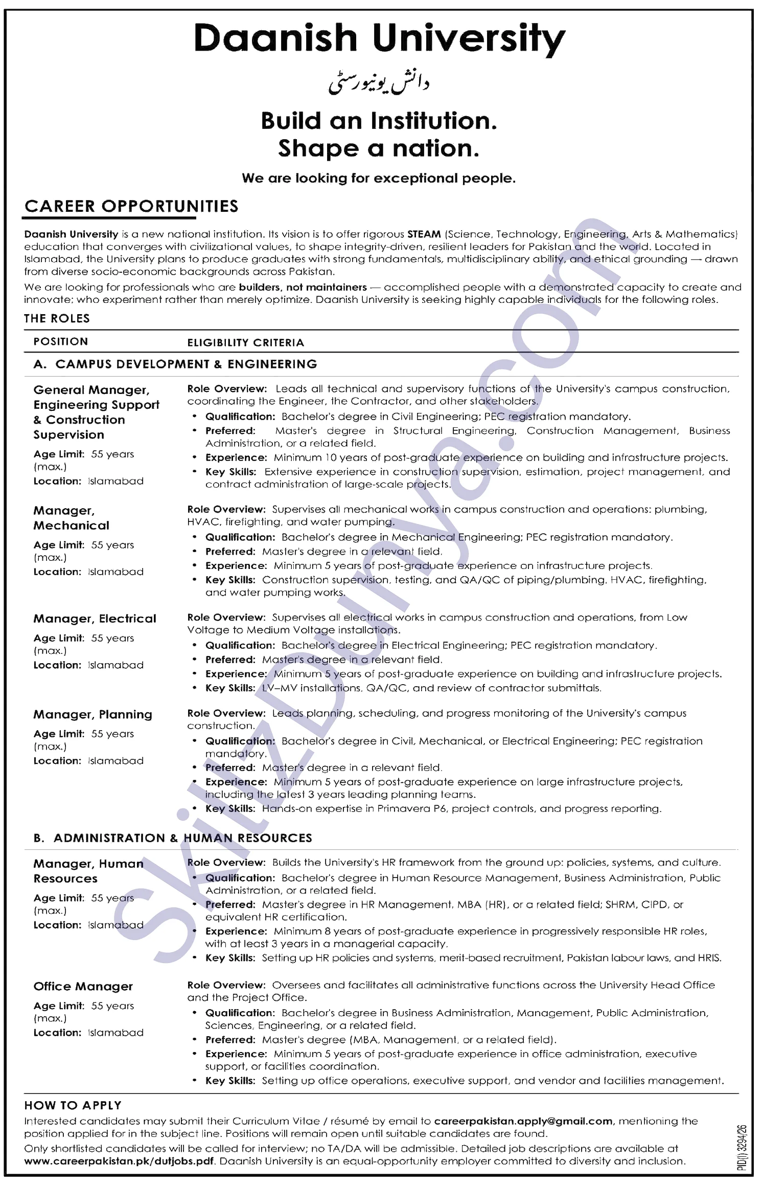 Daanish University — Daanish University Islamabad Jobs 2026 — Manager, Mechanical, Manager, Electrical & 3 More Posts Pakistan