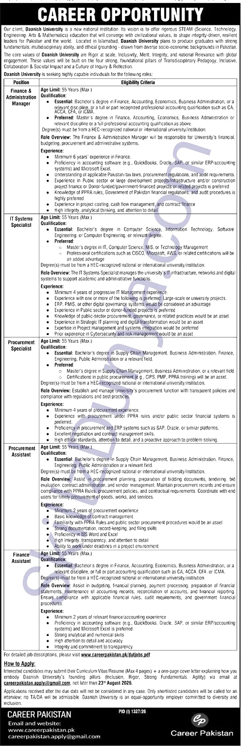 Daanish University Islamabad — Daanish University Islamabad Jobs 2026 — Finance & Administration Manager, IT Systems Specialist & 3 More Posts Pakistan