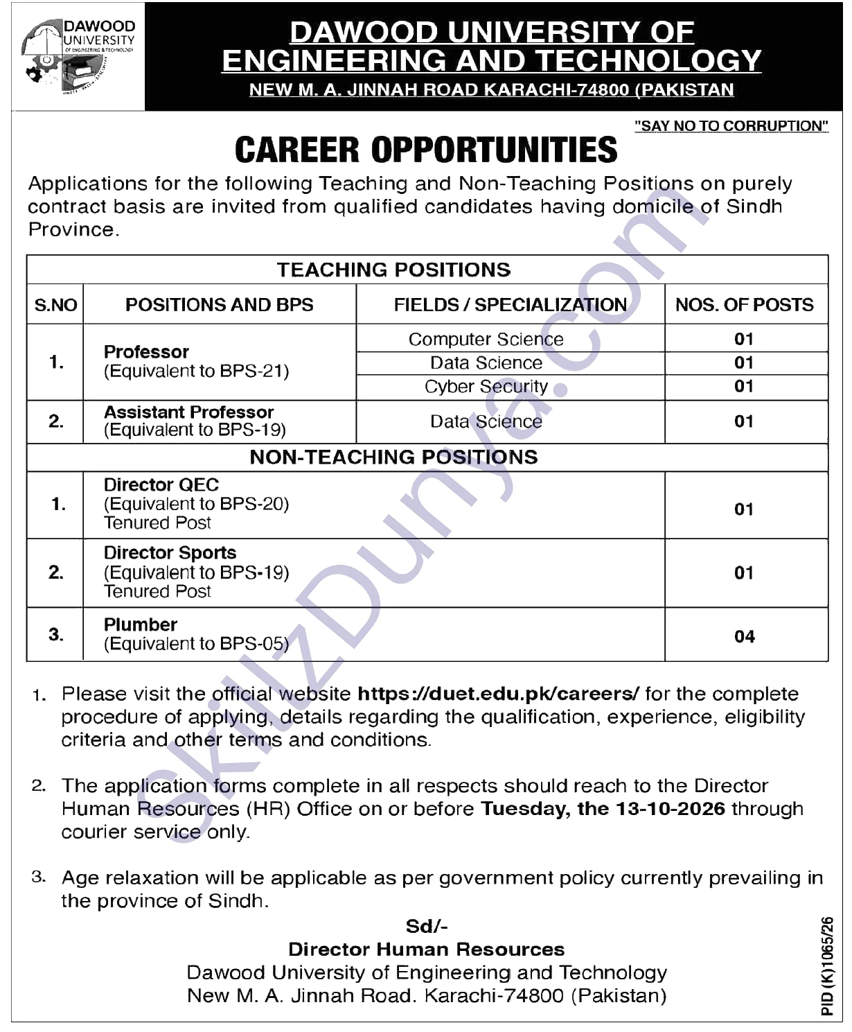 Dawood University Of Engineering And Technology Duet Karachi — Dawood University of Engineering and Technology DUET Karachi Jobs 2026 — Plumber, Professor & 3 More Posts Pakistan
