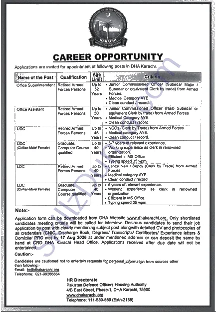 Defence Housing Authority (DHA) Jobs 2026 — Office Assistant, Clerks, Office Superintendent — Official Newspaper Advertisement | SkillzDunya