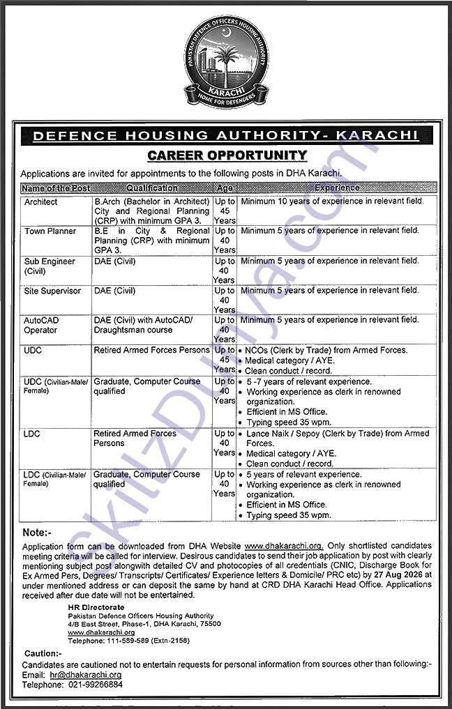 Defence Housing Authority (DHA) Jobs 2026 — Clerks, Engineer & 2 More Posts — Official Newspaper Advertisement | SkillzDunya