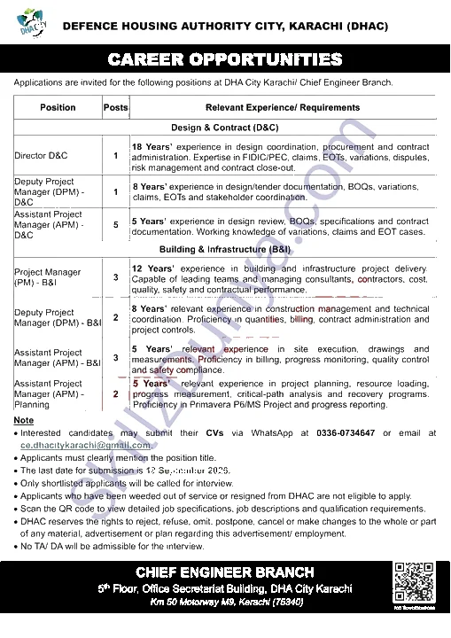 Defence Housing Authority (DHA) Karachi Jobs 2026 — Assistant Project Manager (APM) - D&C, Project Manager (PM) - B&I & 4 More Posts — Official Newspaper Advertisement | SkillzDunya