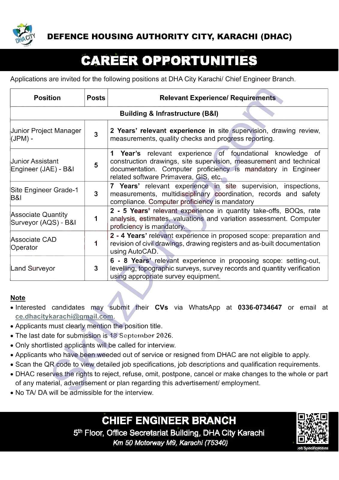 Defence Housing Authority (DHA) Karachi Jobs 2026 — Junior Assistant Engineer (JAE) - B&I, Junior Project Manager (JPM) & 4 More Posts — Official Newspaper Advertisement | SkillzDunya