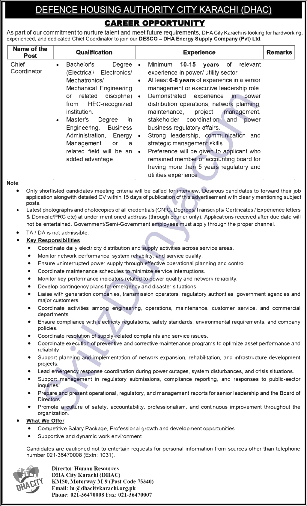 Defence Housing Authority (DHA) Karachi Jobs 2026 — Chief Coordinator — Official Newspaper Advertisement | SkillzDunya