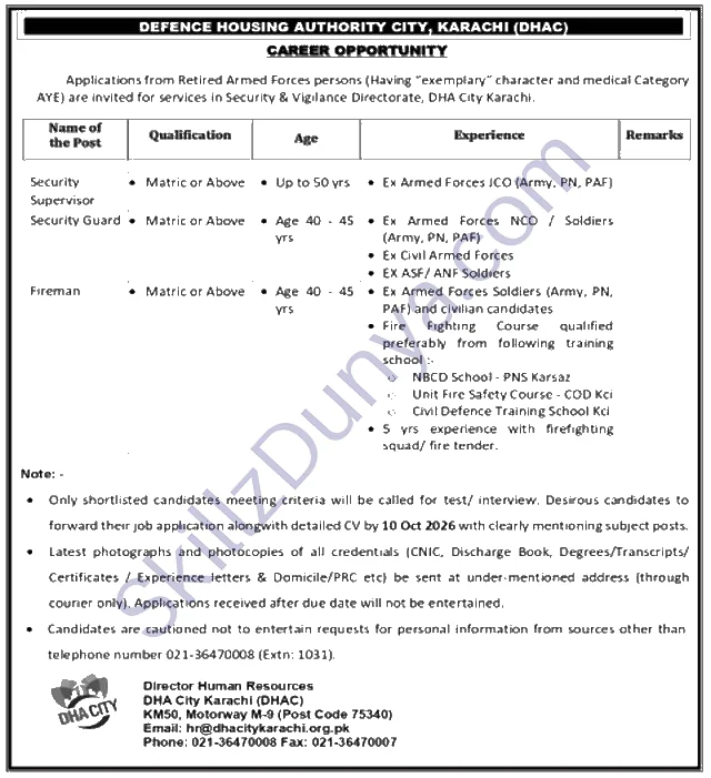 Defence Housing Authority (DHA) Karachi Jobs 2026 — Security Supervisor, Security Guard, Fireman — Official Newspaper Advertisement | SkillzDunya
