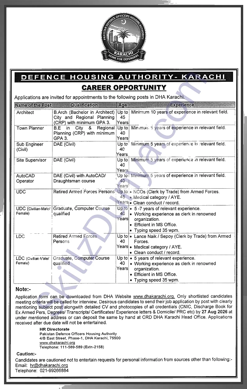 Defence Housing Authority (DHA) Karachi Jobs 2026 — Architect, Town Planner & 7 More Posts — Official Newspaper Advertisement | SkillzDunya