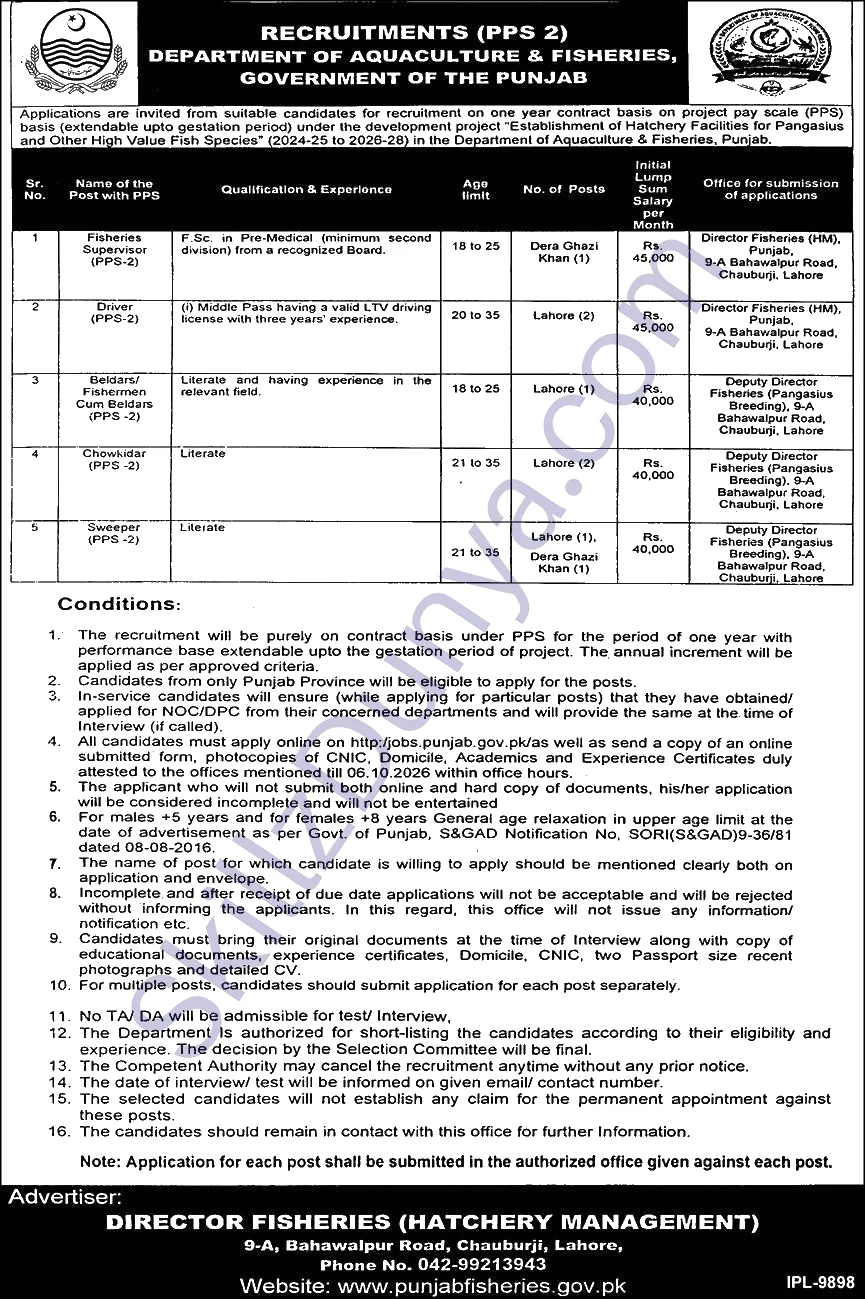 Department Of Aquaculture Fisheries Punjab — Department of Aquaculture & Fisheries Lahore Jobs 2026 — Driver, Chowkidar & 3 More Posts Pakistan