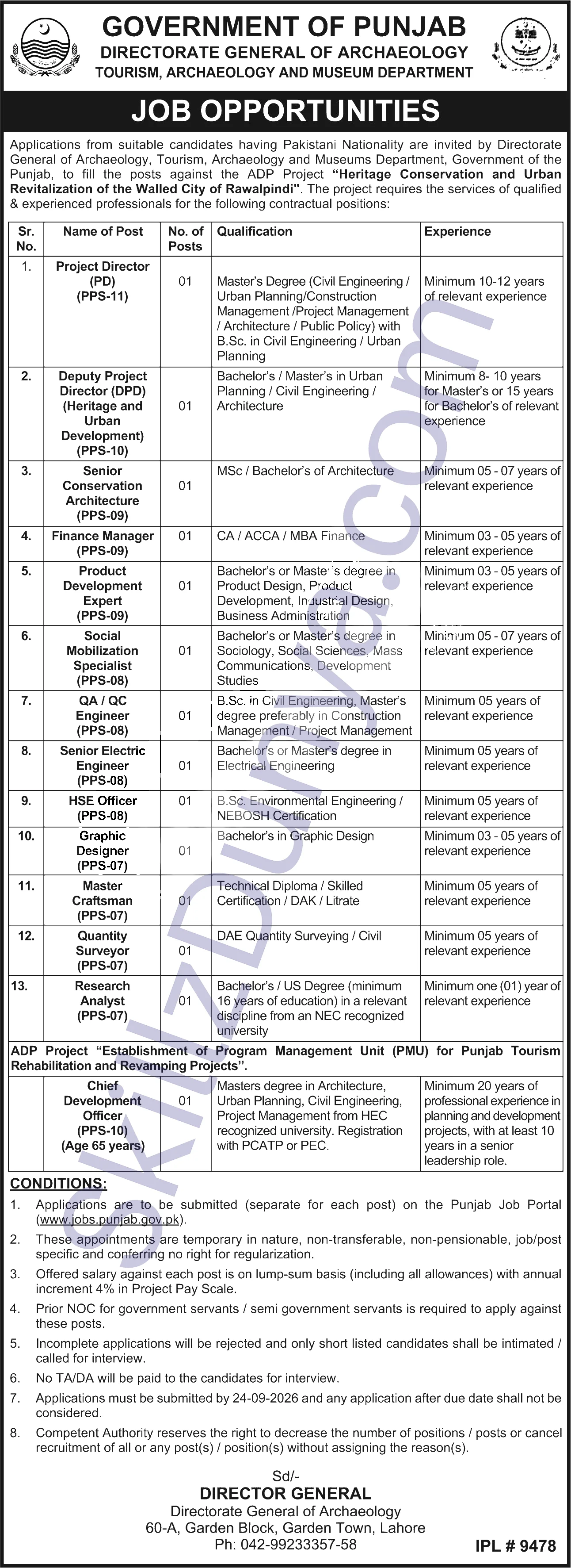 Department Of Archaeology & Museums (ARCHAEOLOGYMUSEUMS) Lahore Jobs 2026 — Project Director (PD) (PPS-11), Senior Conservation Architect (PPS-09) & 10 More Posts — Official Newspaper Advertisement | SkillzDunya