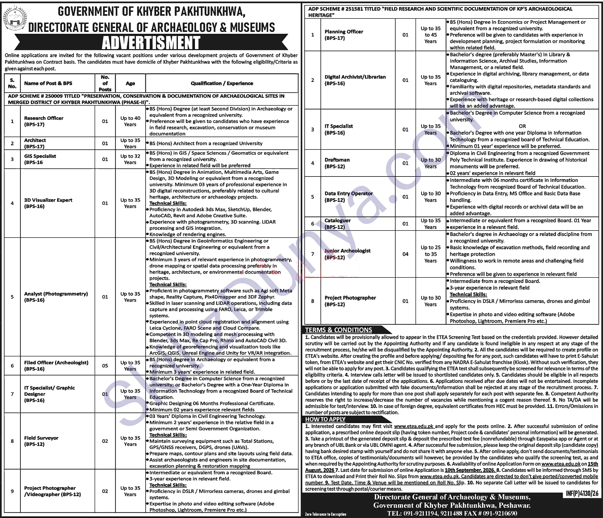 Department Of Archaeology & Museums (ARCHAEOLOGYMUSEUMS) Peshawar Jobs 2026 — Filed Officer (Archeologist), Junior Archeologist & 15 More Posts — Official Newspaper Advertisement | SkillzDunya