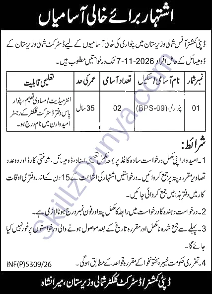 Deputy Commissioner Office North Waziristan — Deputy Commissioner Office North Miranshah Jobs 2026 — Patwari Pakistan