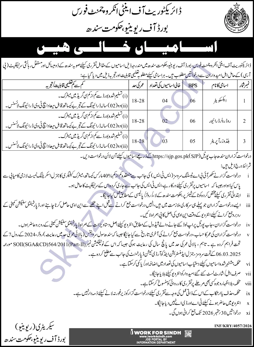 Board of Revenue (BOR) Karachi Jobs 2026 — Excavator Operator, Bulldozer Operator, Road Roller Driver — Official Newspaper Advertisement | SkillzDunya