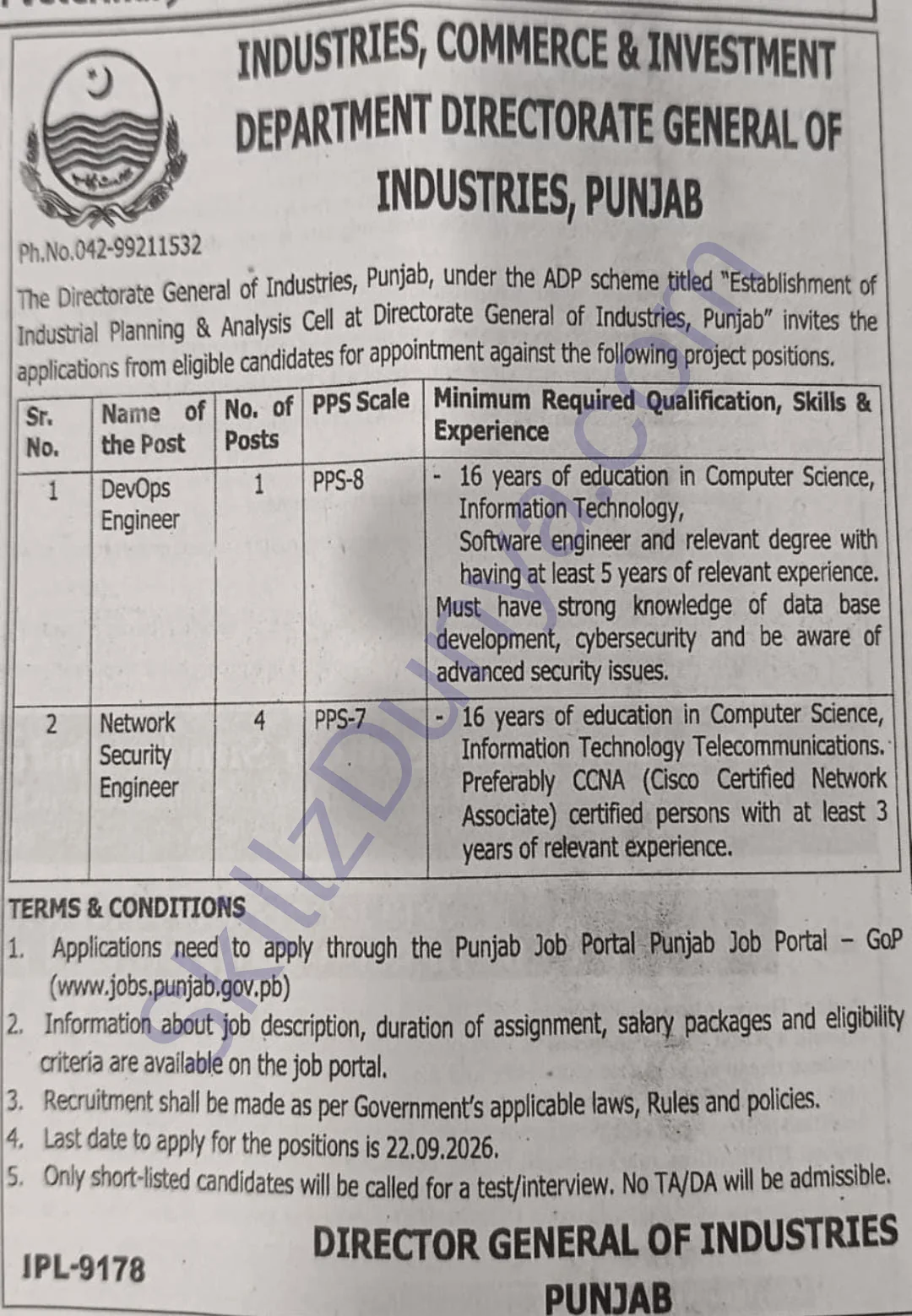 Directorate General Of Industries Punjab — Directorate General of Industries Lahore Jobs 2026 — Network Security Engineer, DevOps Engineer Pakistan