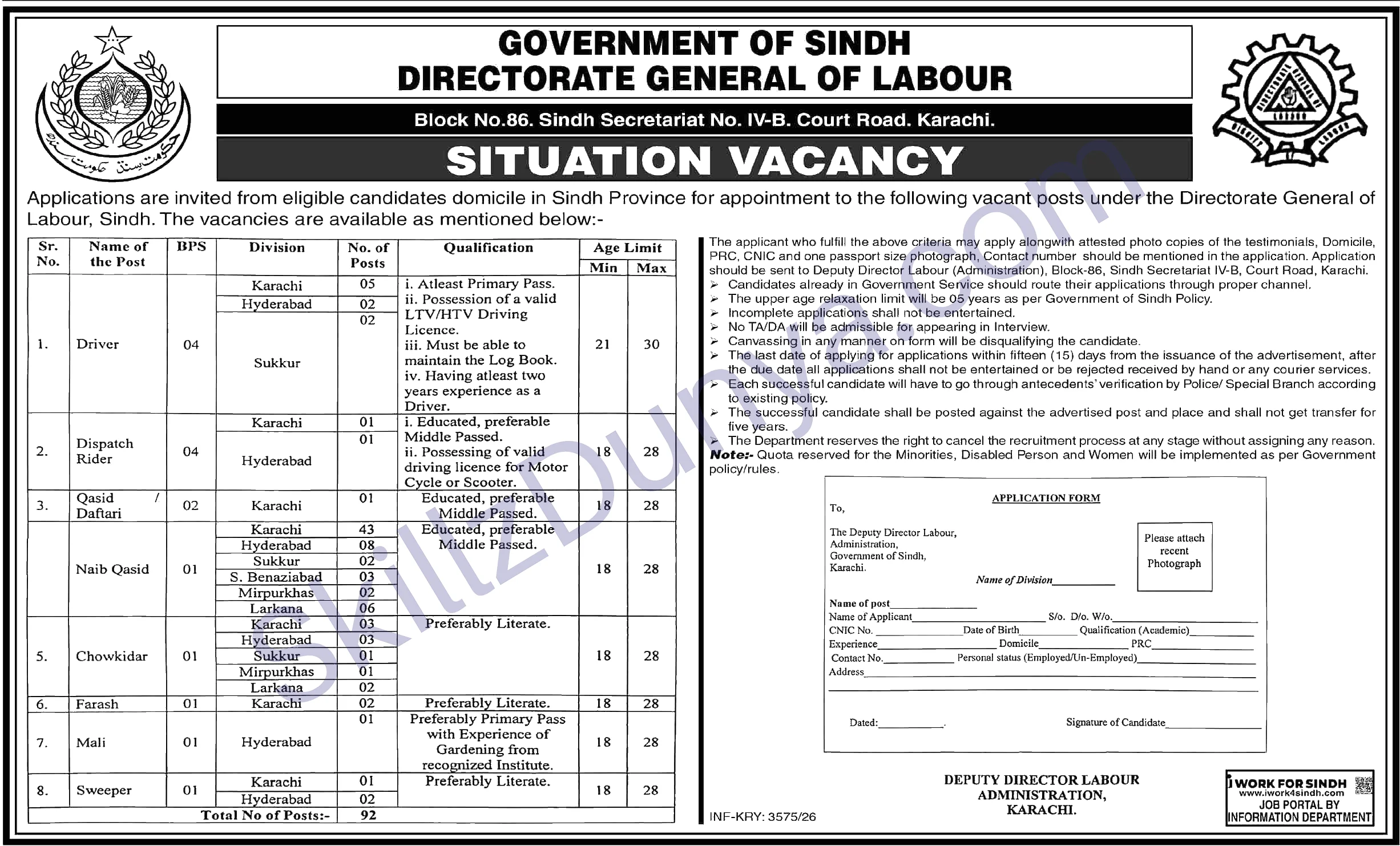 Directorate General Of Labour Sindh Govt — Directorate General of Labour Jobs 2026 — Drivers, Naib Qasid, Chowkidar Pakistan