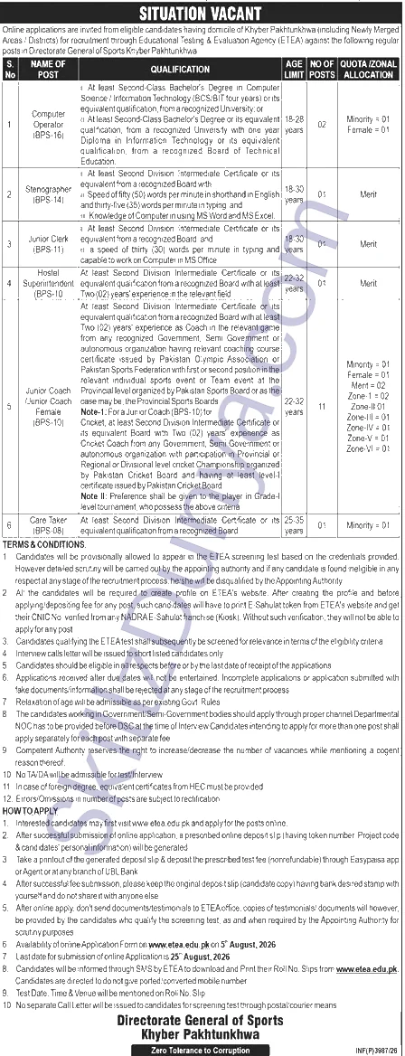 Directorate General Of Sports Kpk — Directorate General of Sports Jobs 2026 — Jr Coaches, Computer Operators Pakistan
