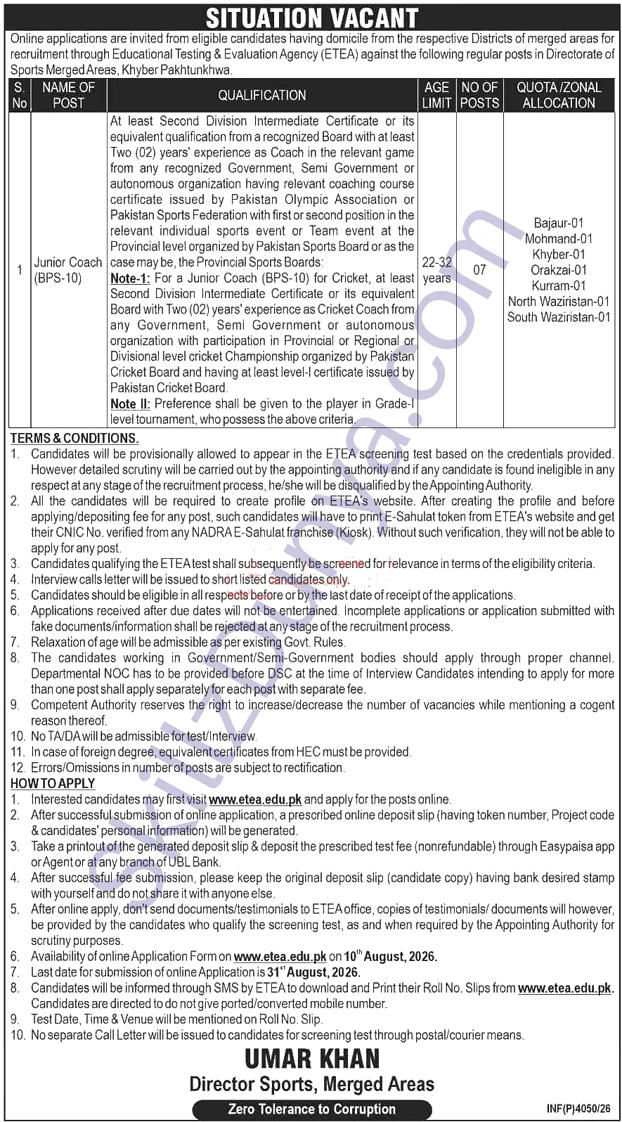 Directorate Of Sports Merged Areas Kpk — Directorate of Sports Merged Areas Jobs 2026 — Junior Coaches ETEA Pakistan