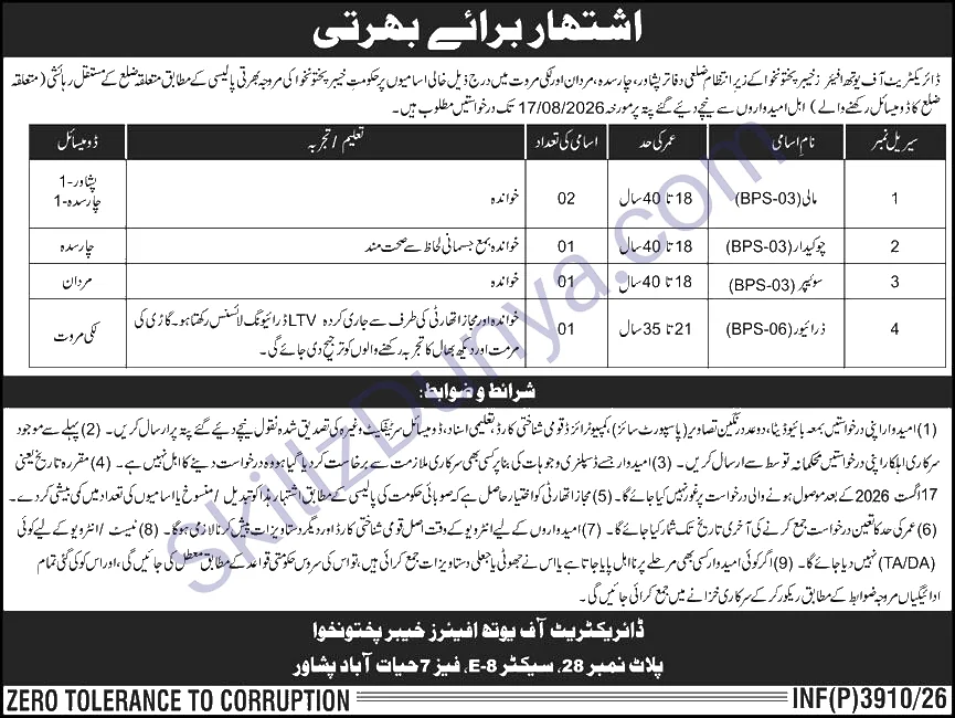 Directorate Of Youth Affairs Kpk — Directorate of Youth Affairs Jobs 2026 — Mali, Chowkidar & 2 More Posts Pakistan