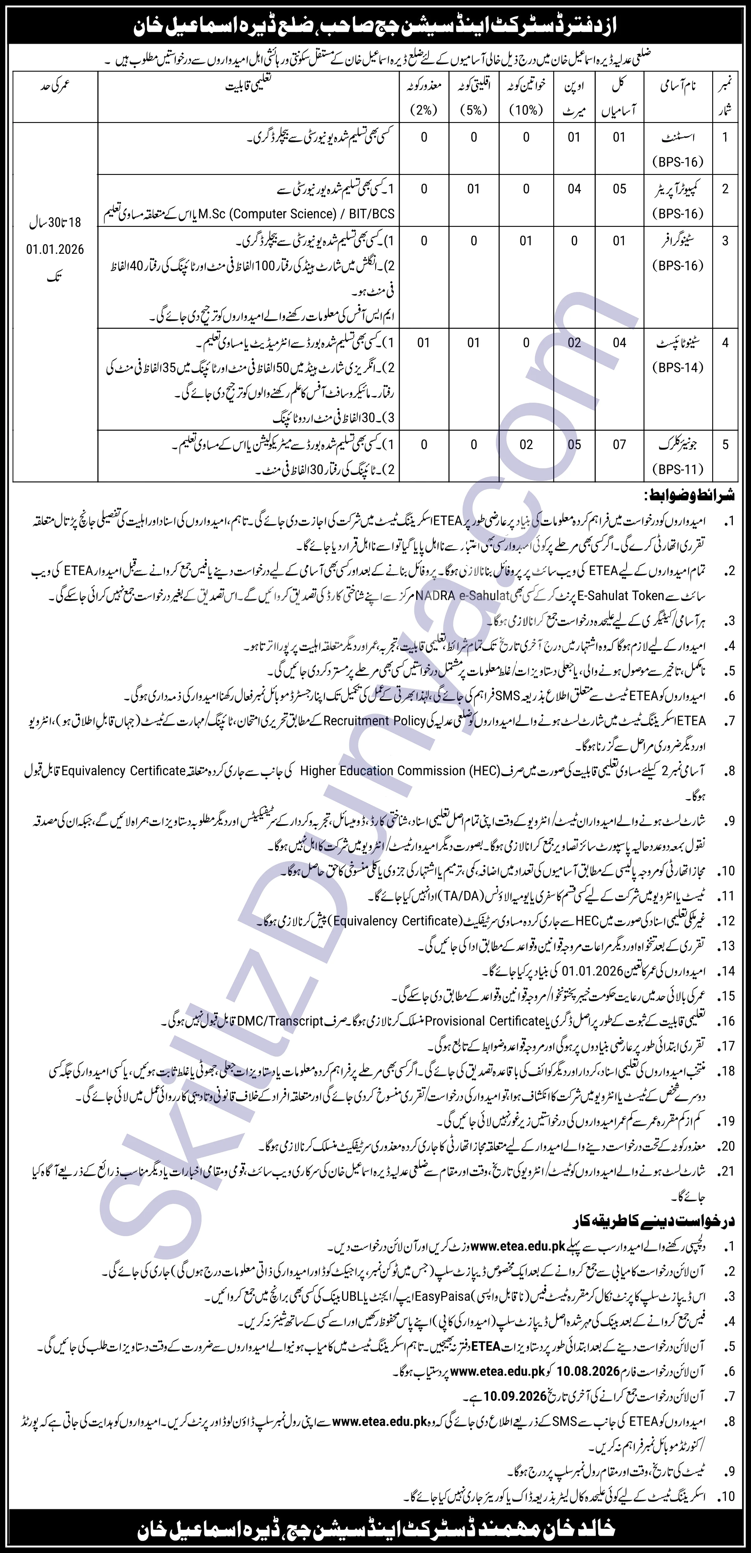 District and Session Court (SESSIONCOURTS) Di Khan Jobs 2026 — Computer Operator, Data Entry Operator & 2 More Posts — Official Newspaper Advertisement | SkillzDunya