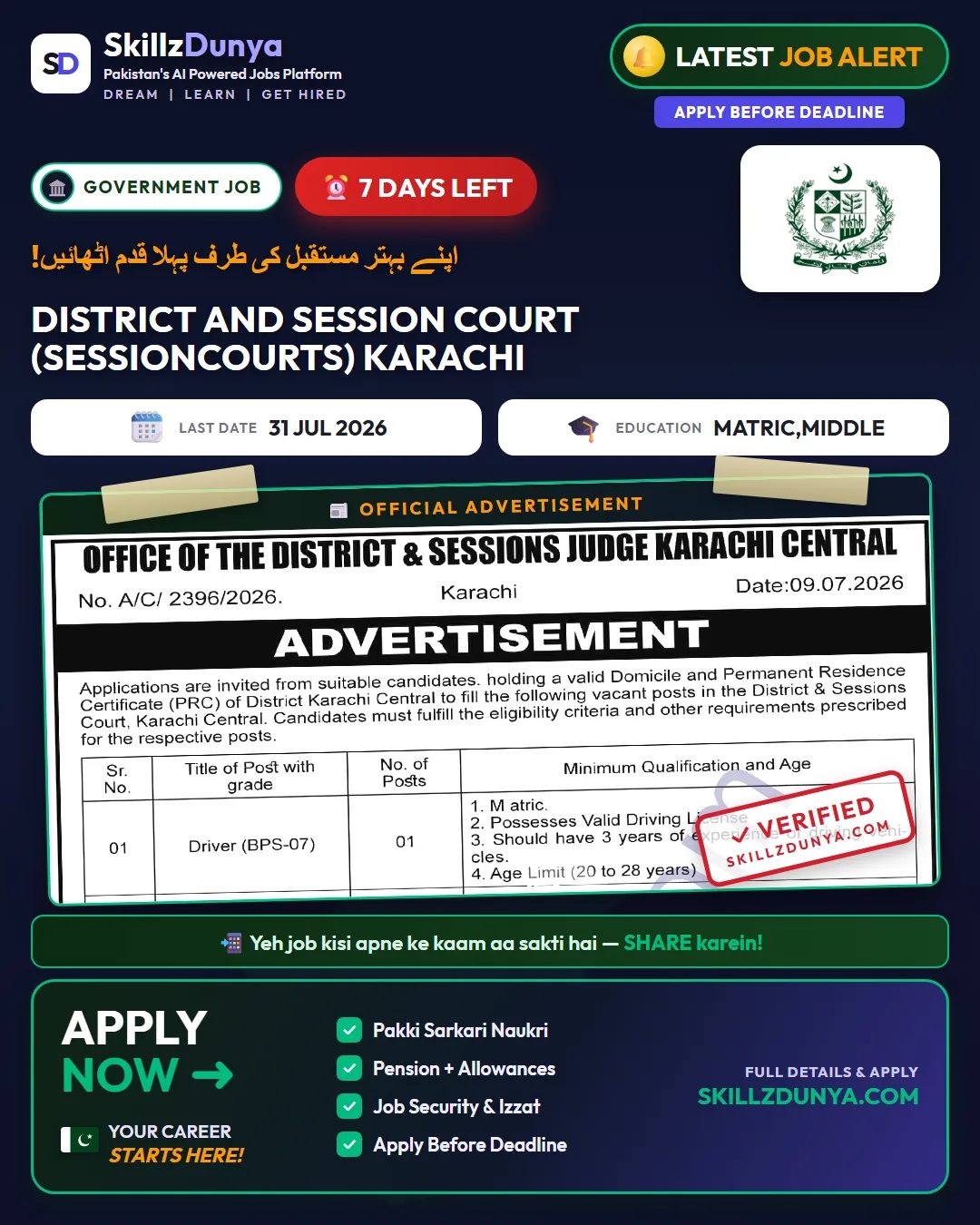 District and Session Court (SESSIONCOURTS) Karachi Jobs 2026 — Ba iliff, Naib Qasid & 3 More Posts — Official Newspaper Advertisement | SkillzDunya