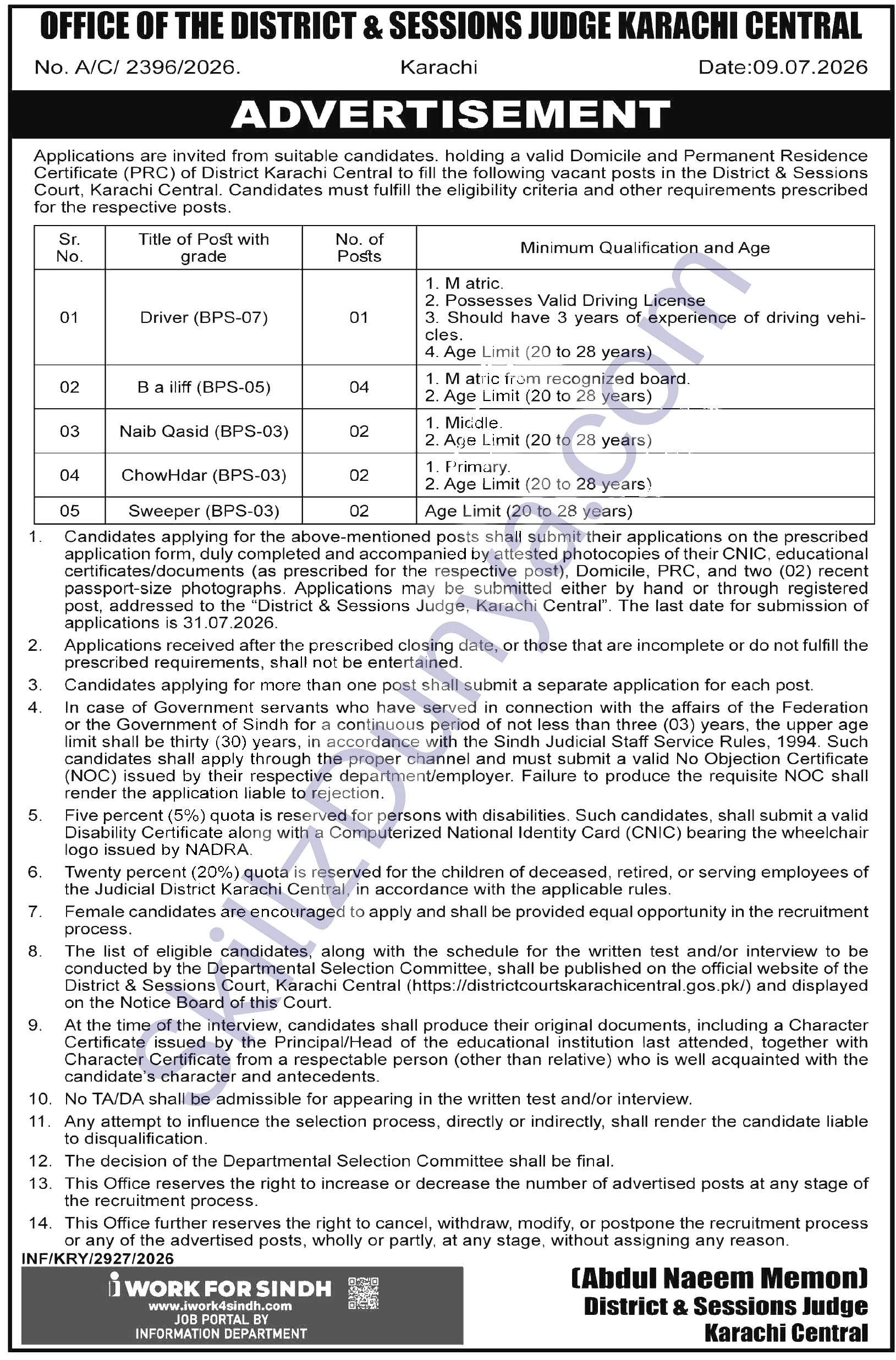 District and Session Court (SESSIONCOURTS) Karachi Jobs 2026 — Driver — Official Newspaper Advertisement | SkillzDunya