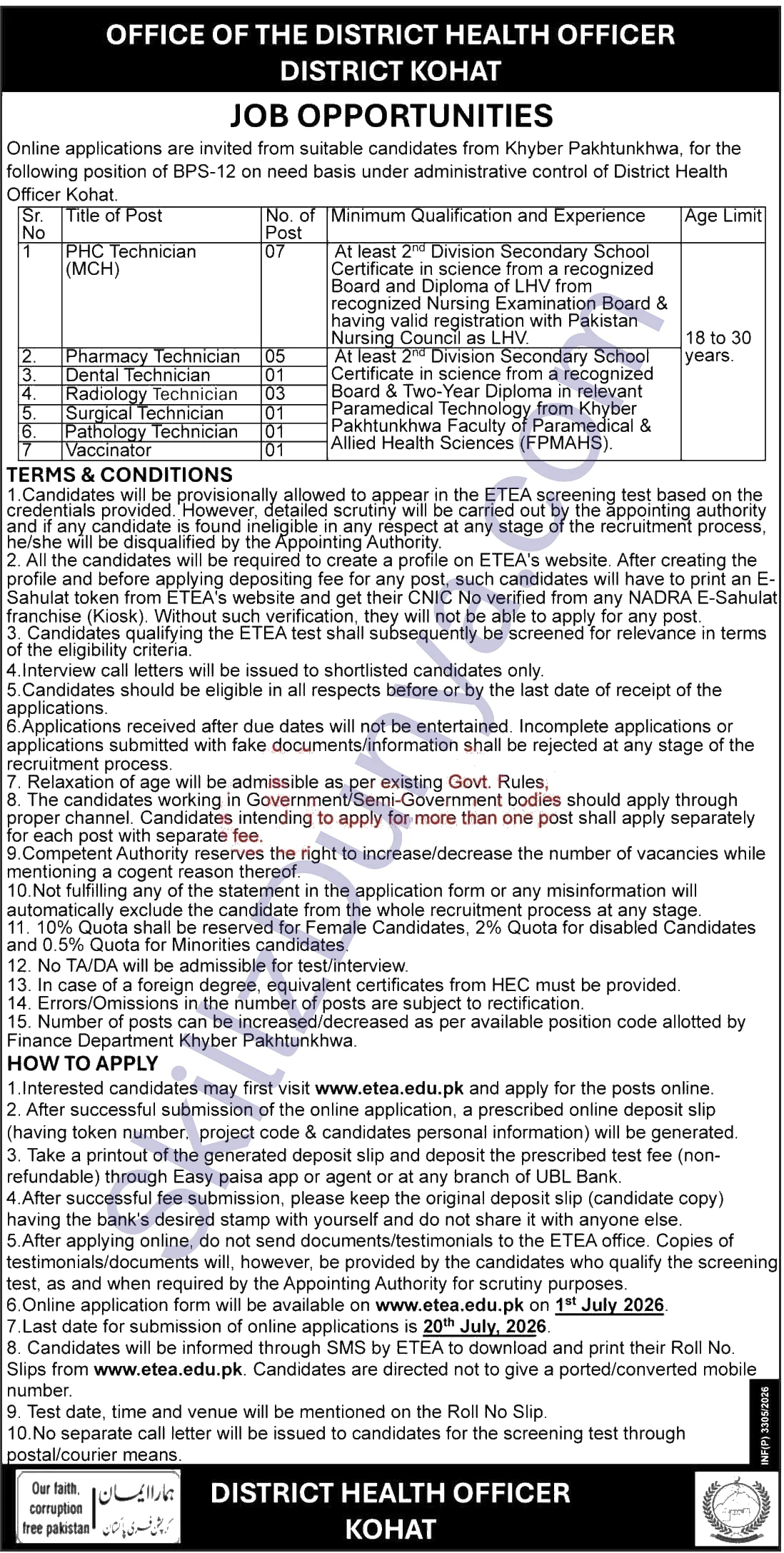 District Health Authority Kohat Jobs 2026 — PHC Technician (MCH), Pharmacy Technician & 5 More Posts — Official Newspaper Advertisement | SkillzDunya
