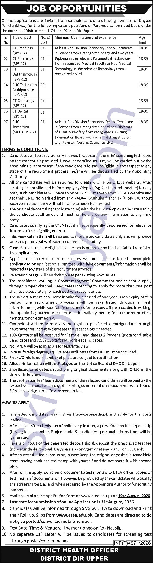 District Health Authority Peshawar Jobs 2026 — PHC Technician Multipurpose, CT Pathology & 5 More Posts — Official Newspaper Advertisement | SkillzDunya