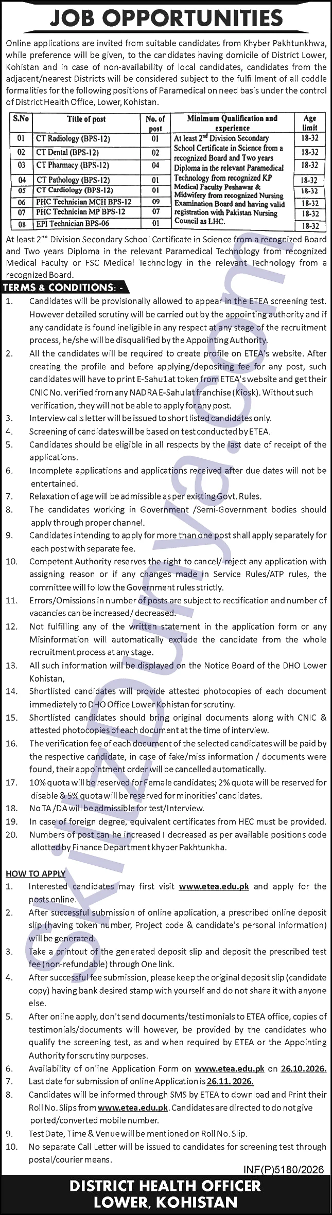 District Health Office Lower Kohistan — District Health Office Lower Kohistan Jobs 2026 — PHC Technician MCH, PHC Technician MP & 6 More Posts Pakistan
