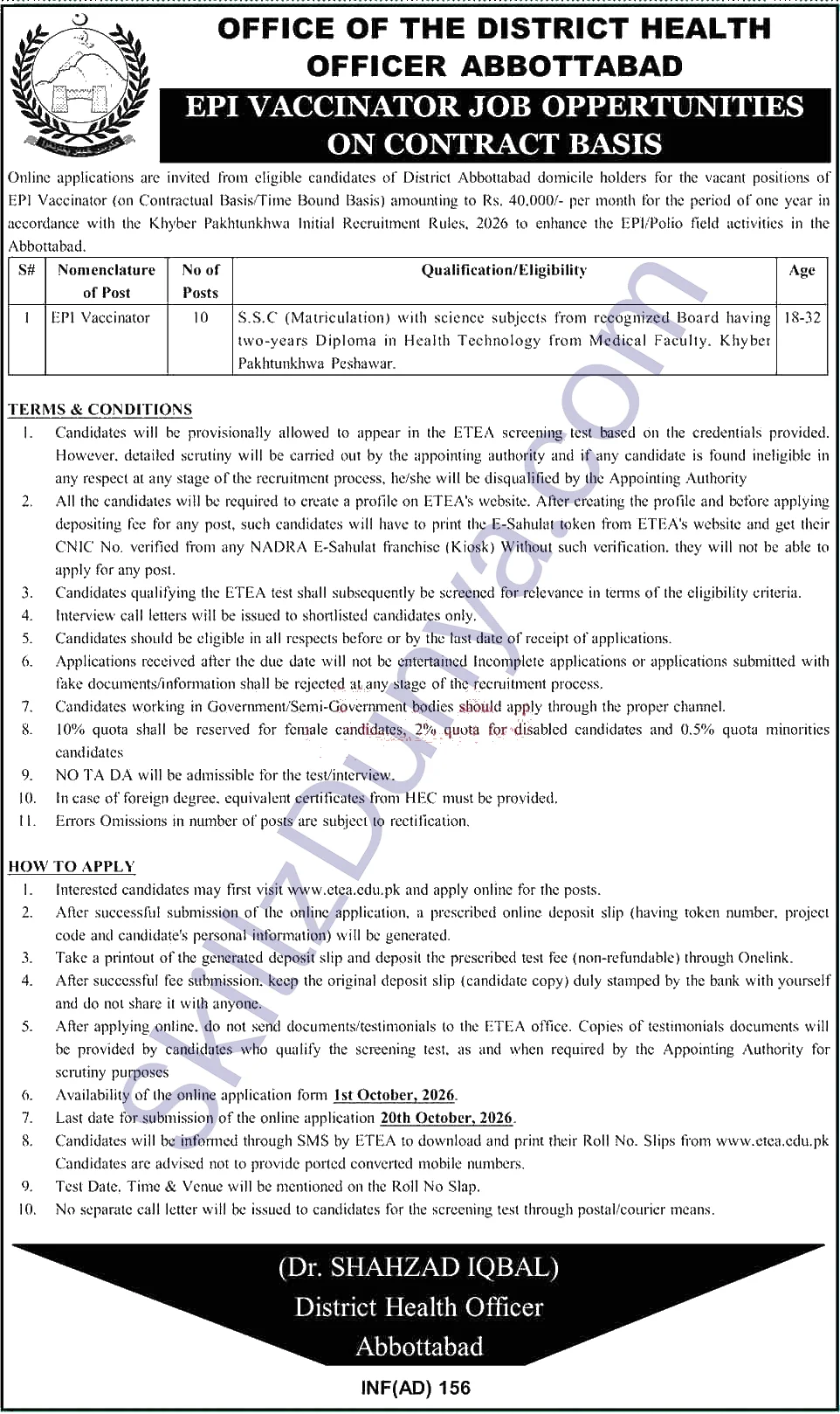 District Health Officer Abbottabad — District Health Officer Abbottabad Jobs 2026 — EPI Vaccinator Pakistan