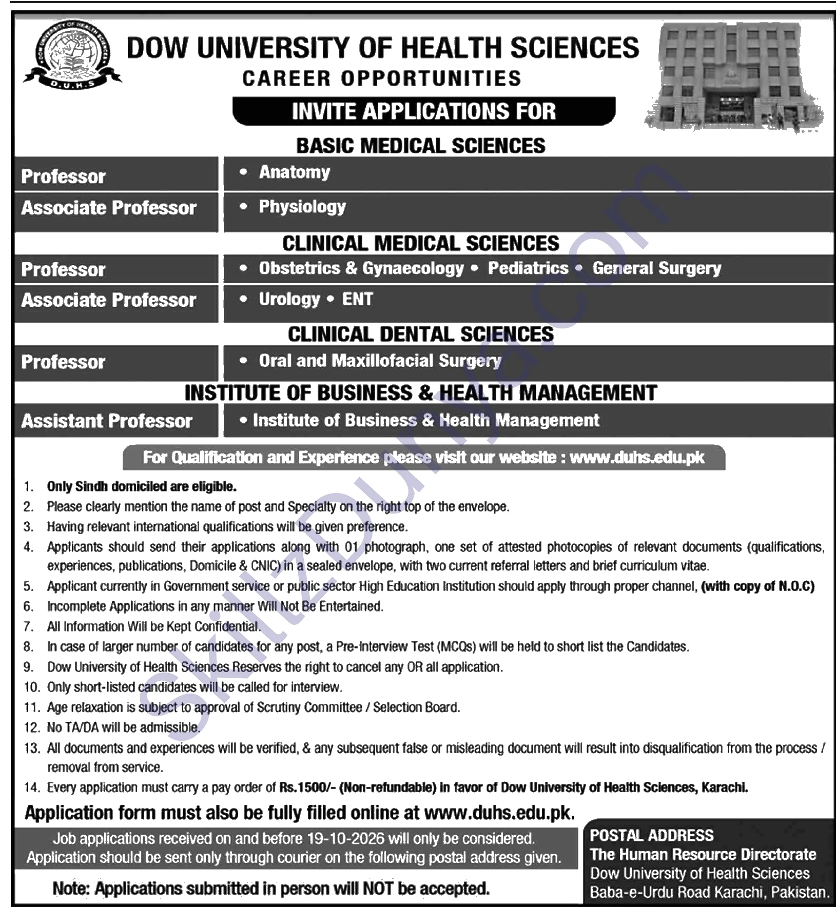 Dow University Of Health Sciences Karachi — Dow University of Health Sciences Karachi Jobs 2026 — Professor (Anatomy), Associate Professor (Physiology) & 6 More Posts Pakistan