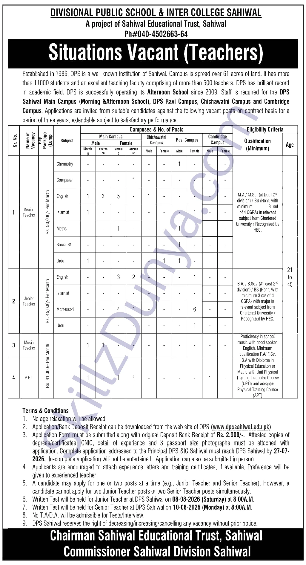Dps Sahiwal Teachers — DPS Jobs 2026 — Teaching Divisional Public School, Inter College Sahiwal Pakistan