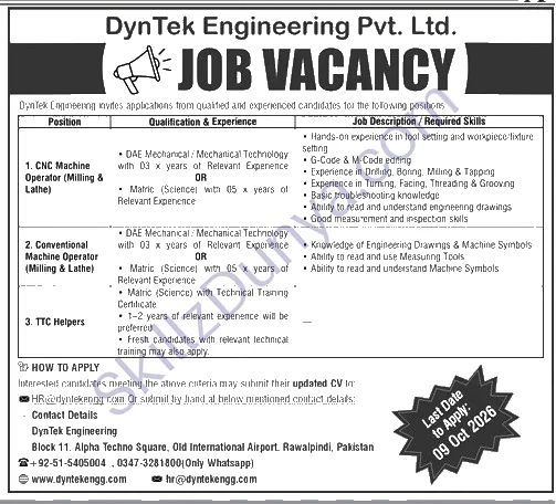 Dyn Tek Engineering Pvt Ltd Rawalpindi — Dyn Tek Engineering Pvt Ltd Rawalpindi Jobs 2026 — CNC Machine Operator (Milling & Lathe), TTC Helpers Pakistan
