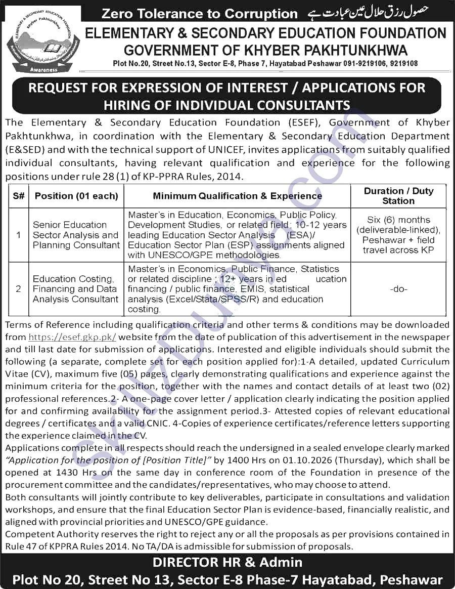 Elementary Secondary Education Foundation Esef — Elementary & Secondary Education Foundation (ESEF) Peshawar Jobs 2026 — Individual Consultants Pakistan