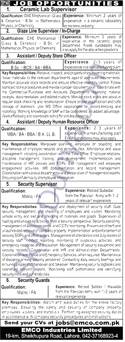 EMCO Industries Limited Lahore Jobs 2026 — Ceramic Lab Supervisor, Glaze Line Supervisor / In-Charge & 3 More Posts — Official Newspaper Advertisement | SkillzDunya