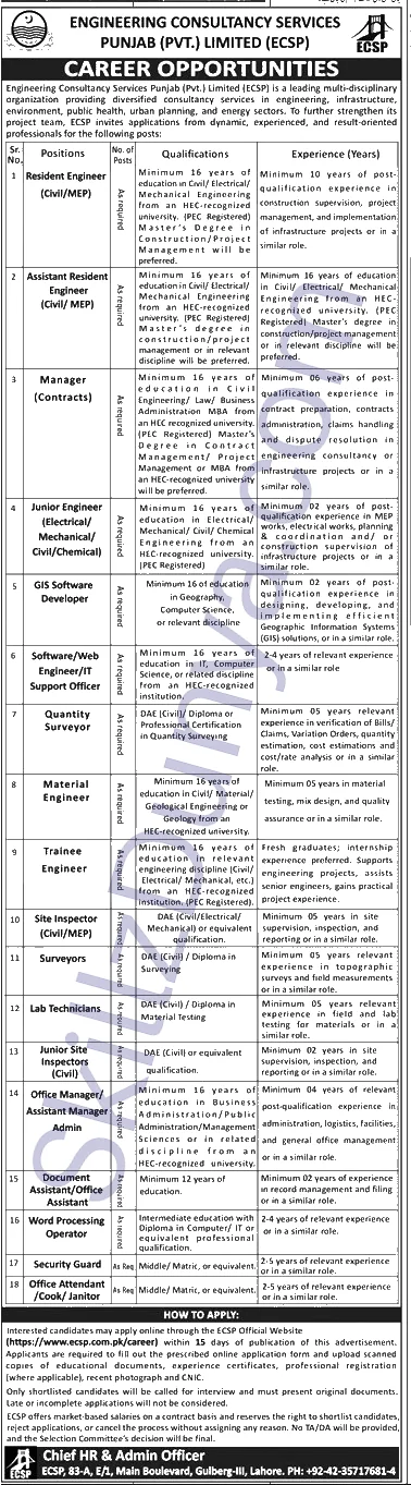 Engineering Consultancy Services Punjab Ecsp — Engineering Consultancy Services Lahore Jobs 2026 — Resident Engineer (Civil/MEP), Assistant Resident Engineer (Civil/ MEP) & 15 More Posts Pakistan
