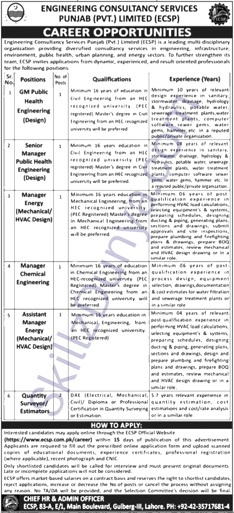 Engineering Consultancy Services Punjab Ecsp — Engineering Consultancy Services Lahore Jobs 2026 — Quantity Surveyor/ Estimators, GM Public Health Engineering (Design) & 2 More Posts Pakistan