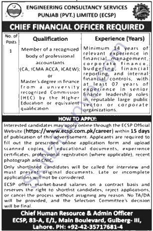 Engineering Consultancy Services Punjab Ecsp — Engineering Consultancy Services Lahore Jobs 2026 — Chief Financial Officer Pakistan